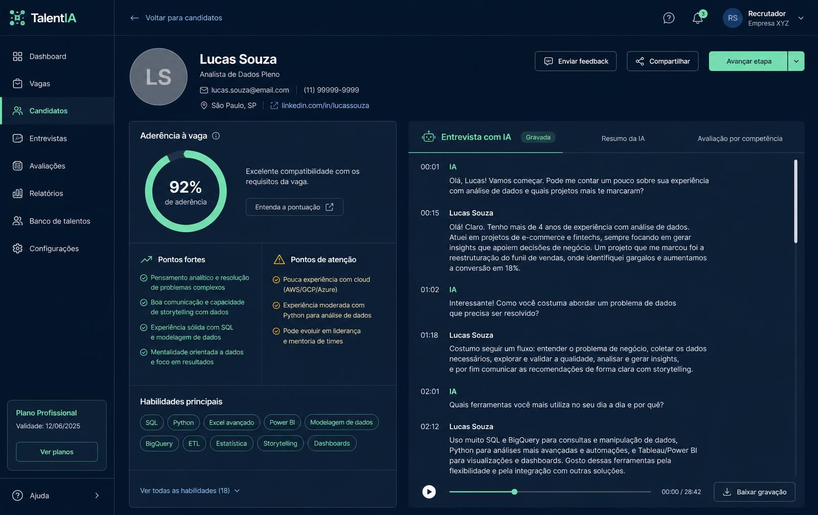 Perfil de candidato com score e entrevista conduzida por IA no Vakai