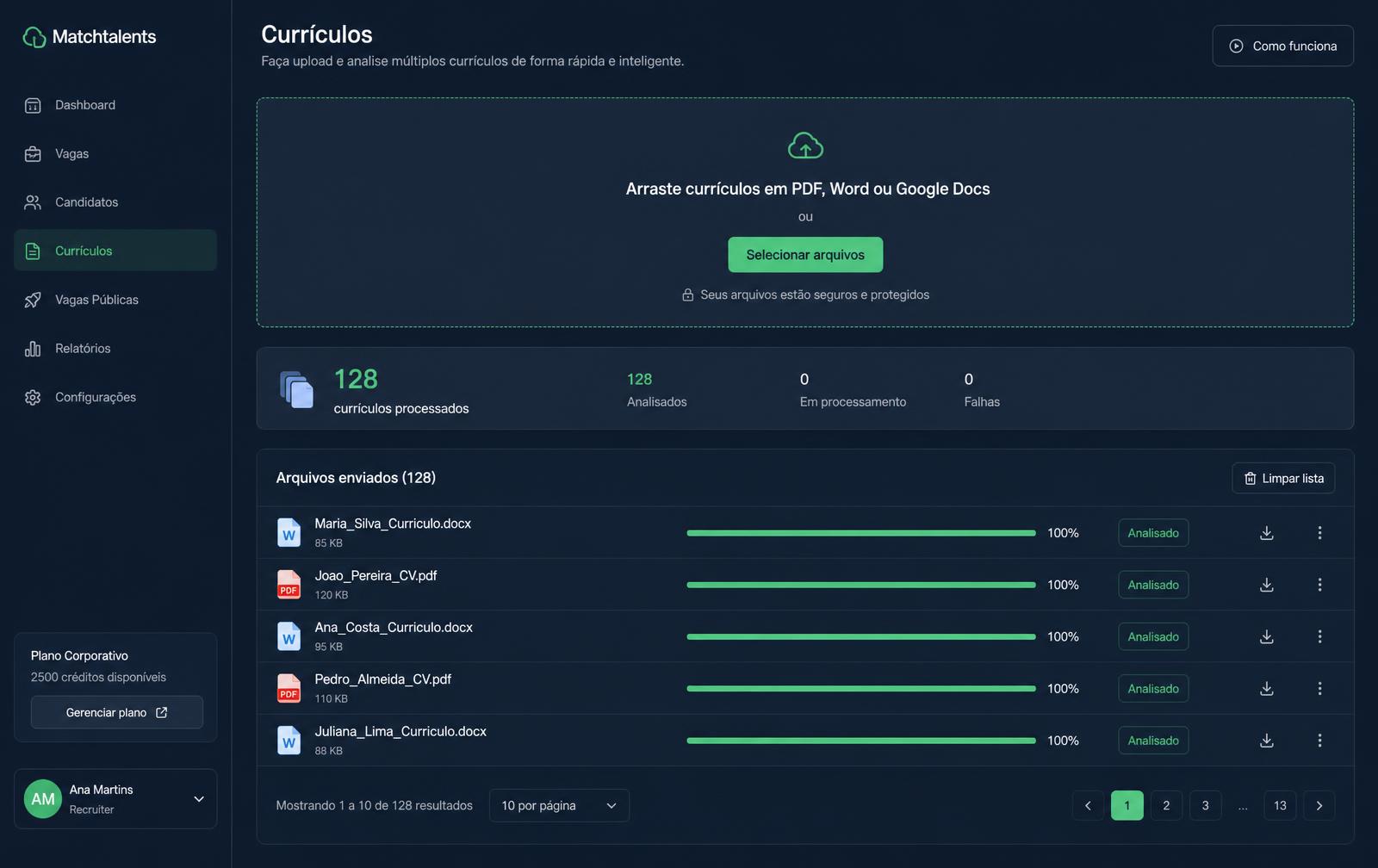 Tela de recebimento e processamento de currículos no Vakai
