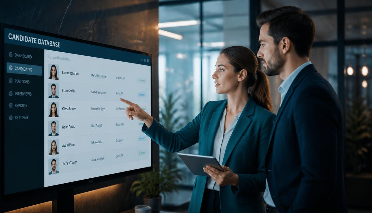Dois profissionais de RH analisando um banco de talentos em uma tela grande