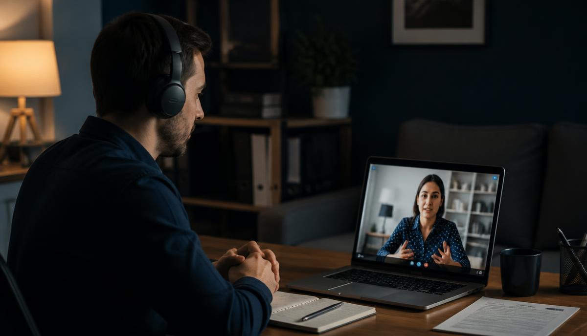 Candidato participando de uma entrevista por videochamada em seu notebook