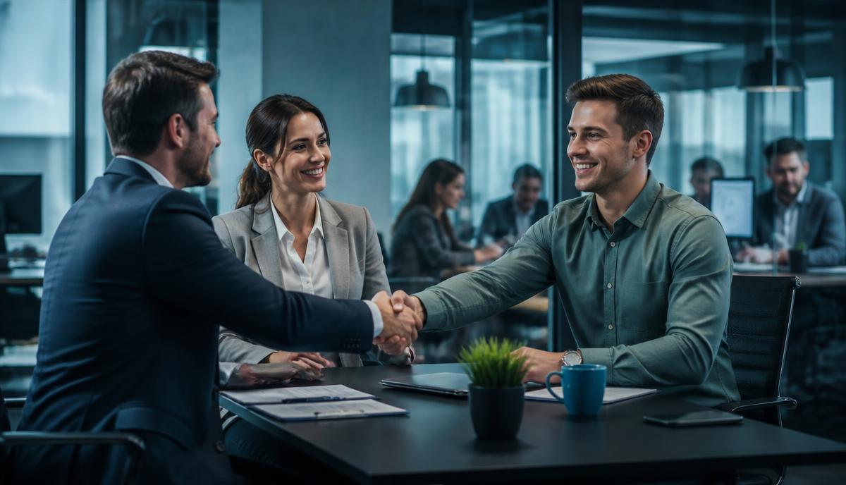 Aperto de mãos entre gestores e um novo contratado em um escritório moderno